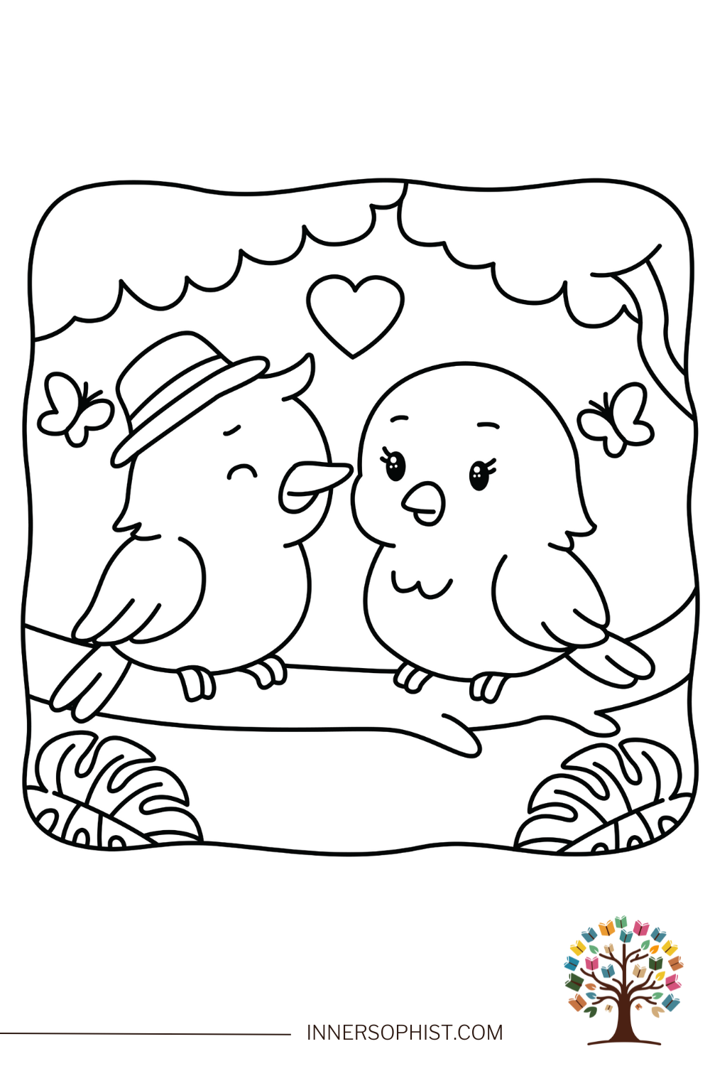 Lovebirds on a Branch - Romantic Nature Coloring Page