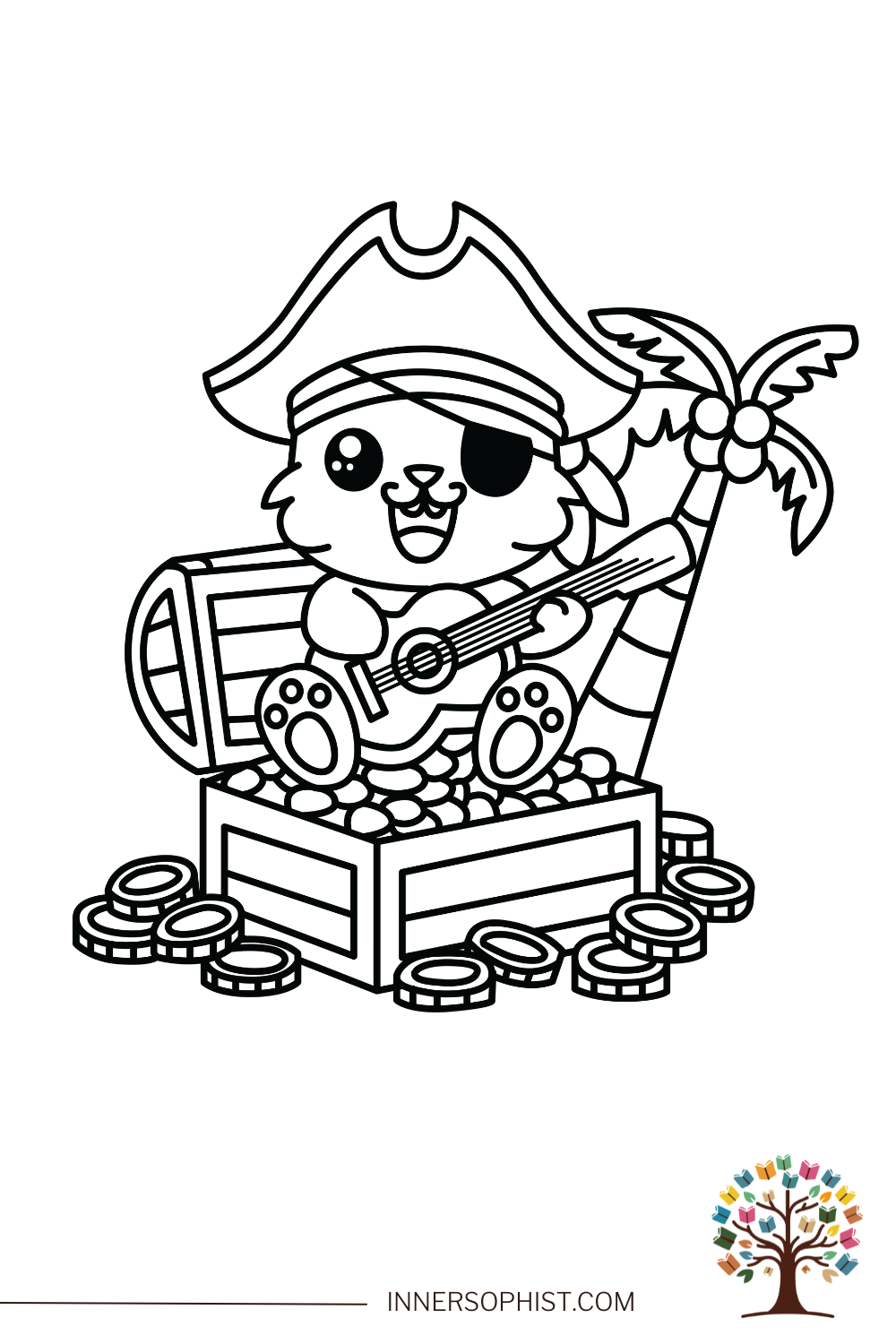 Pirate Cat with Guitar - Coloring Page