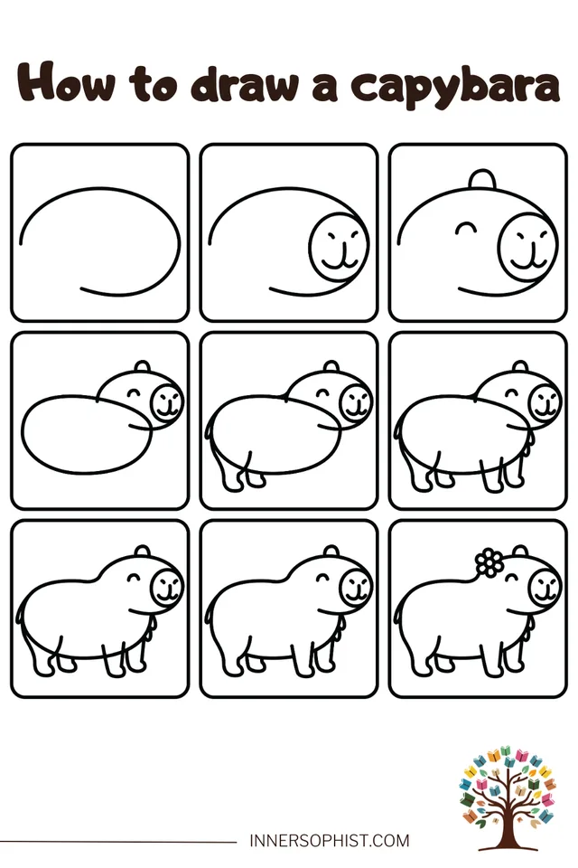 Step-by-step drawing guide showing how to draw a cute capybara in 9 panels.