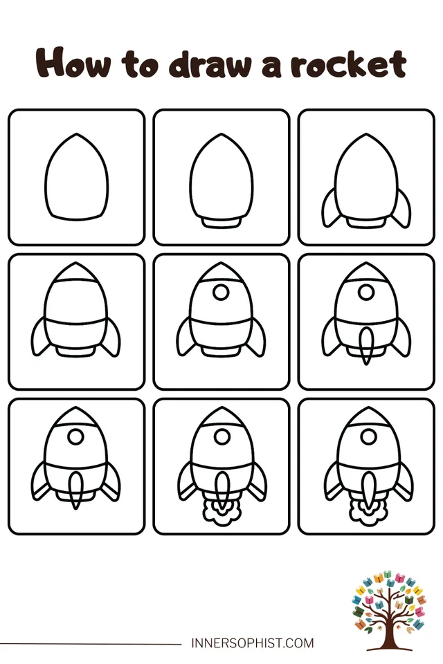 Nine-step tutorial showing how to draw a cartoon rocket ship launching into space.