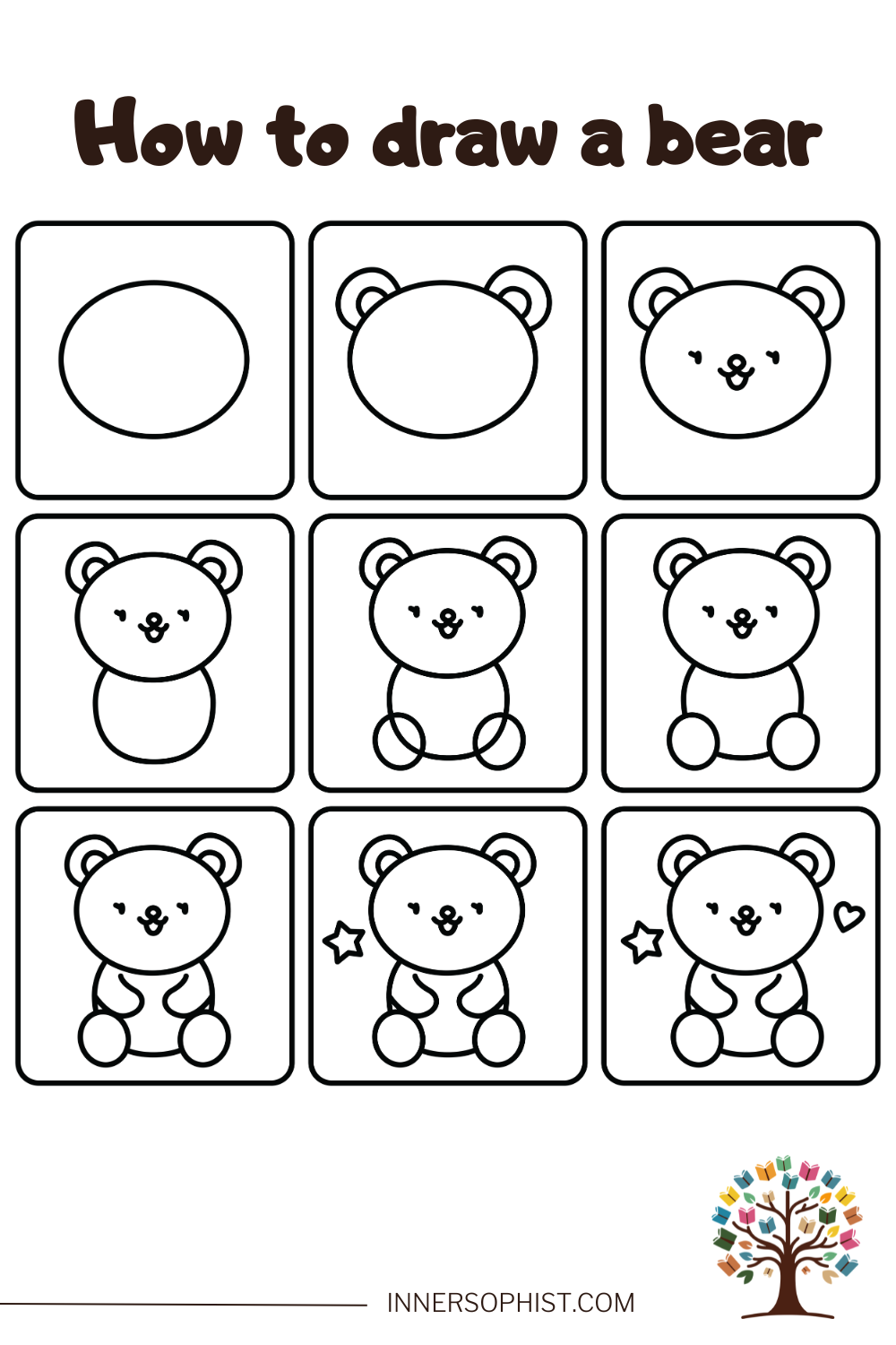 Step-by-step guide showing how to draw a cute cartoon bear in 9 panels.