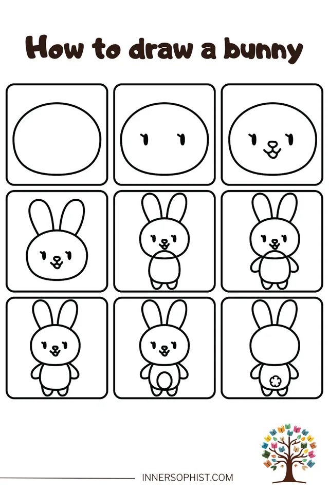 Step-by-step guide showing how to draw a cute bunny in 9 panels.