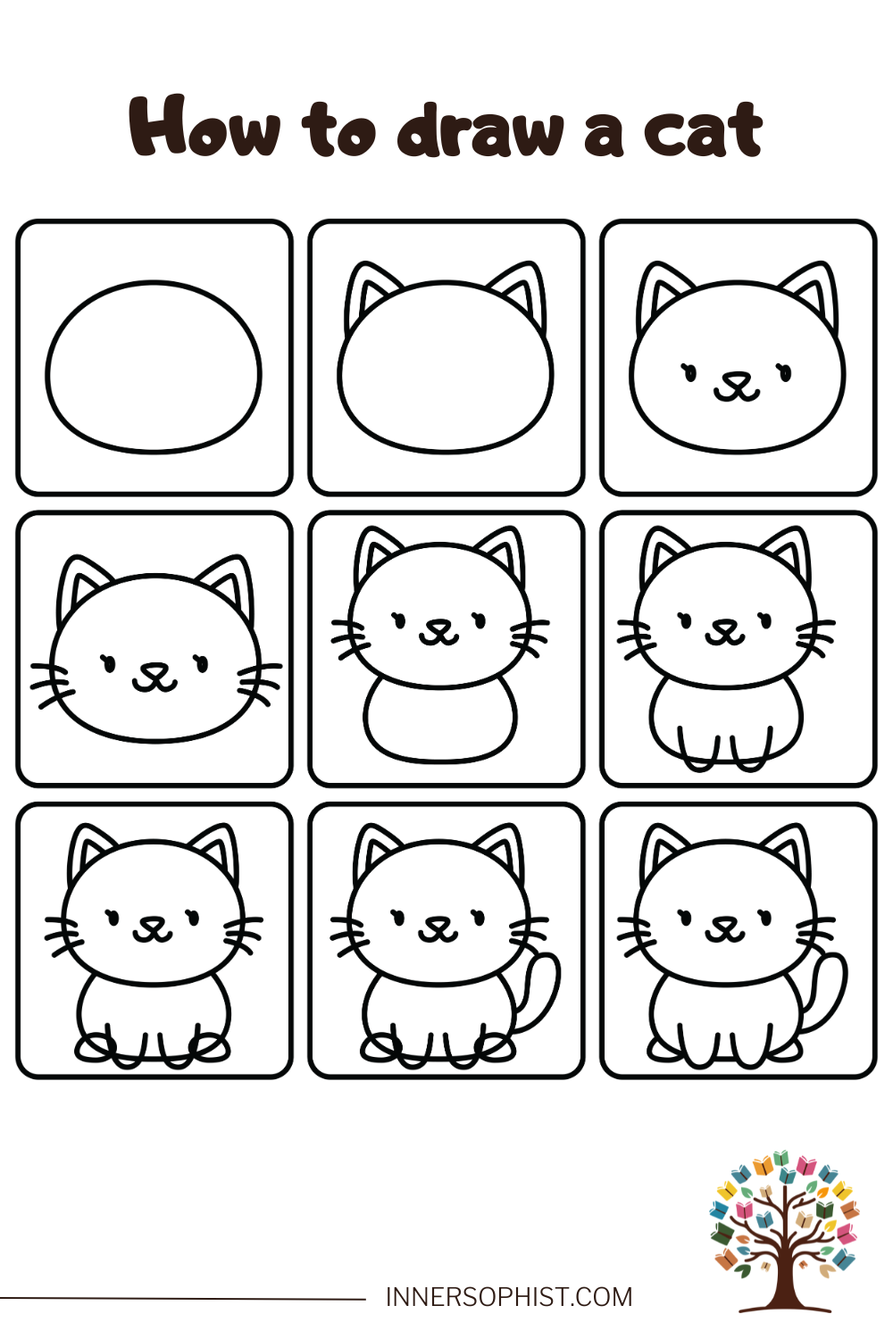 Nine-step tutorial showing how to draw a cute sitting cat from simple shapes to final outline.
