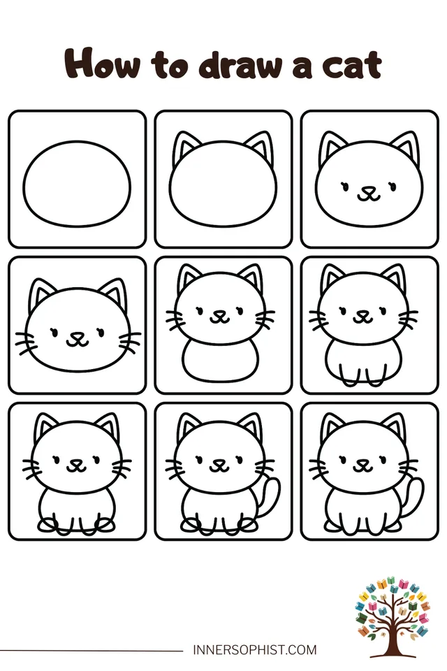 Nine-step tutorial showing how to draw a cute sitting cat from simple shapes to final outline.