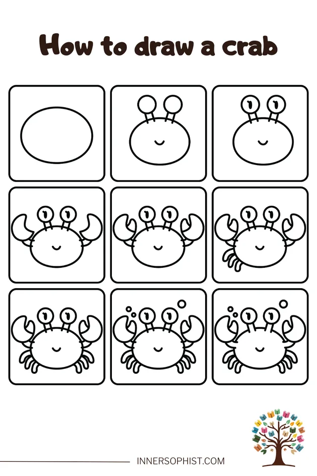 Step-by-step guide showing how to draw a cute cartoon crab in 9 panels.