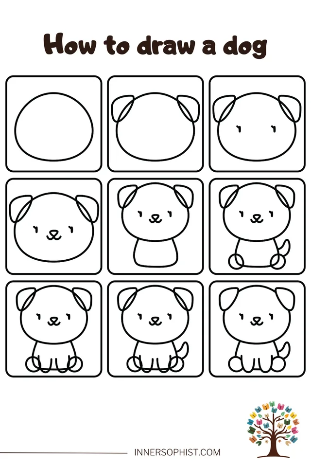 Guia de desenho passo a passo mostrando como desenhar um cachorro fofo em 9 passos.