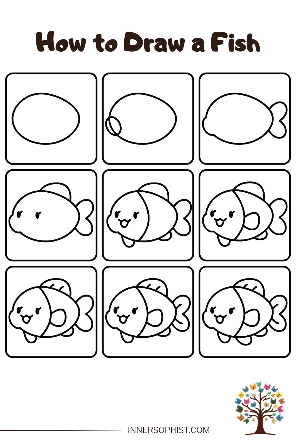 Step-by-step 9-panel guide showing how to draw a cute cartoon fish.