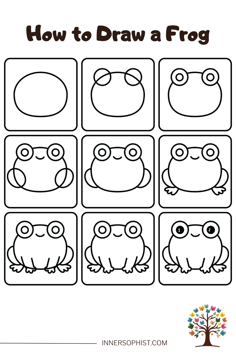 Step-by-step 9-panel guide showing how to draw a cute sitting frog with big eyes.
