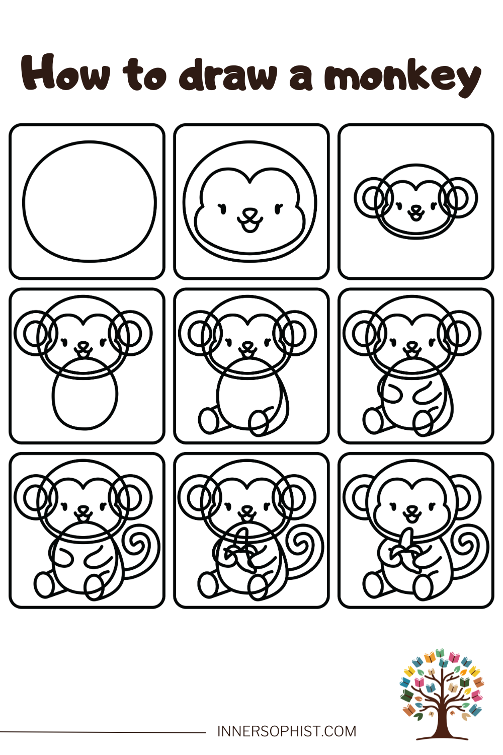 Step-by-step drawing guide for a cute monkey holding a banana, shown in 9 panels.