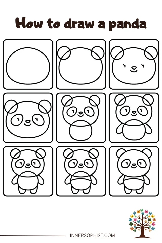 Guia passo a passo mostrando como desenhar um panda de desenho animado fofo em 9 painéis.