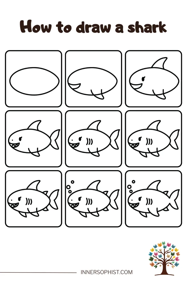 Step-by-step guide showing how to draw a cute cartoon shark in 9 panels.
