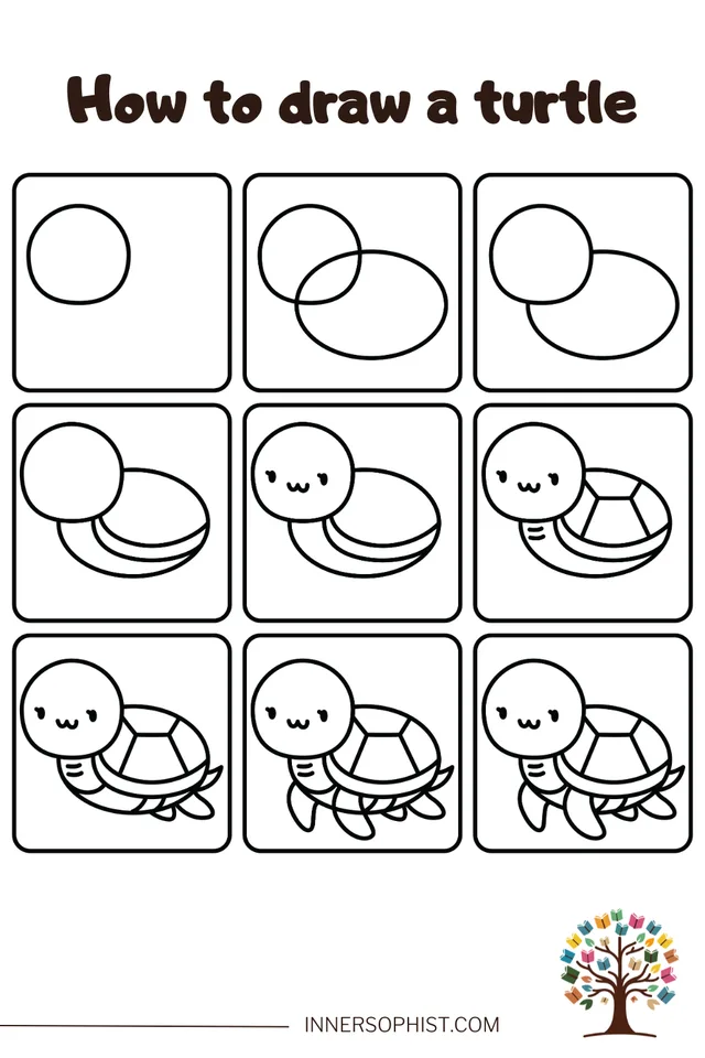 Nine step drawing guide showing how to draw a cute cartoon turtle from basic shapes.
