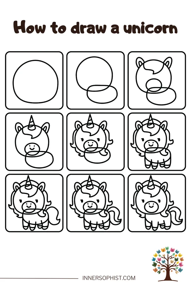 Step-by-step guide on how to draw a cute cartoon unicorn in 9 panels.