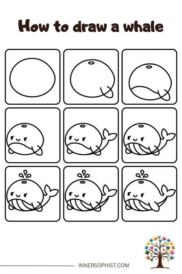 Nine-step drawing guide for a cute cartoon whale.