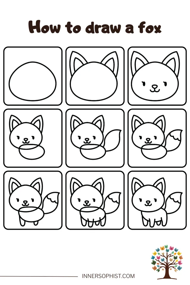 Guia passo a passo mostrando como desenhar uma raposa de desenho animado fofa em 9 painéis.