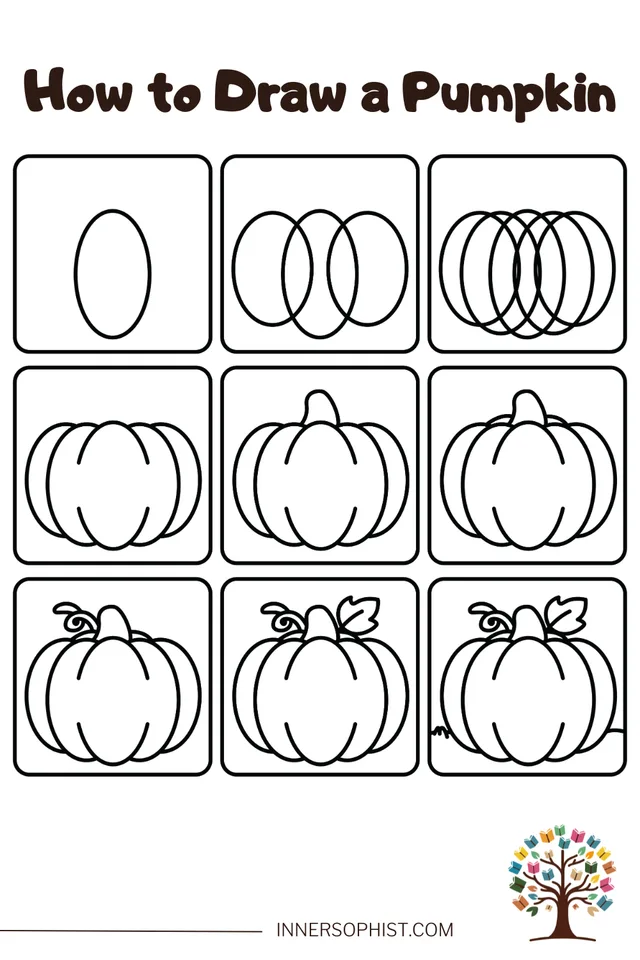 Step-by-step guide with 9 panels showing how to draw a pumpkin with a stem and leaf.