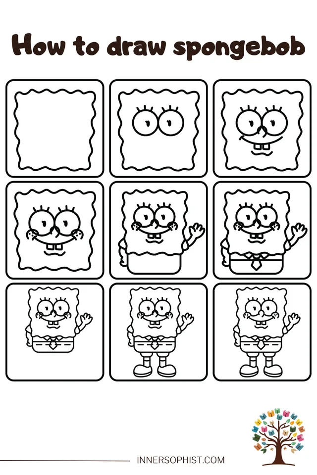 Guia de desenho passo a passo do Bob Esponja Calça Quadrada com 9 painéis.