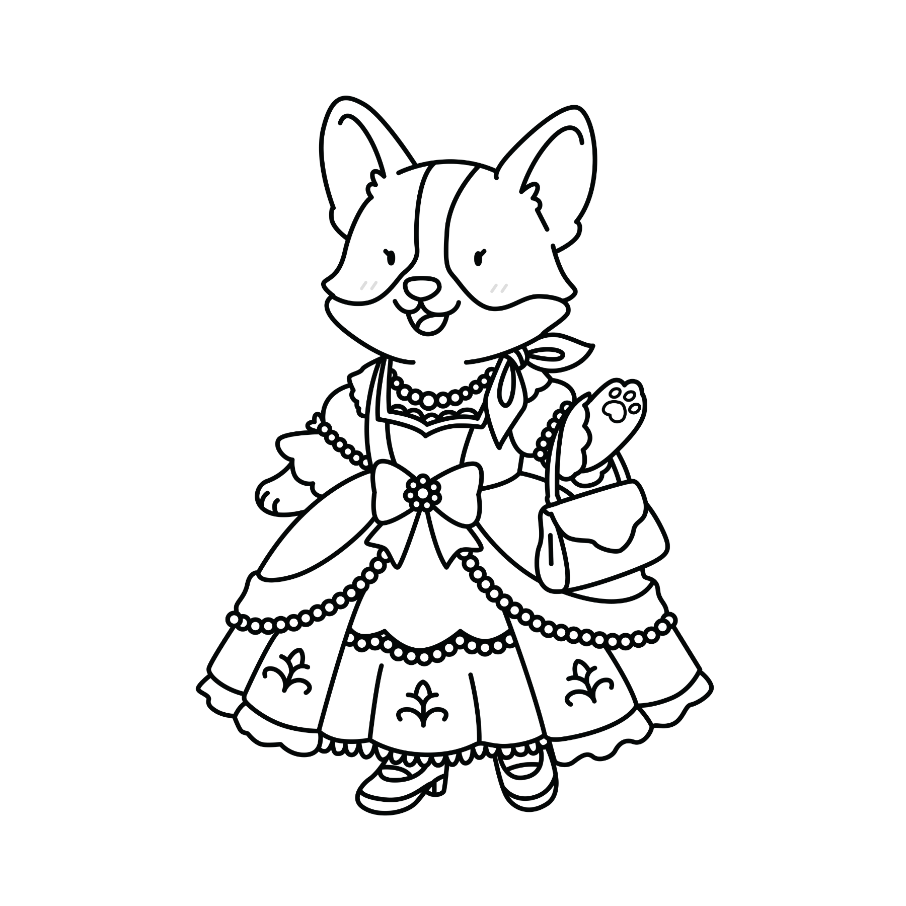 A line art coloring page of a cute corgi dog wearing an elegant, layered dress with pearls, a bow, and holding a small handba