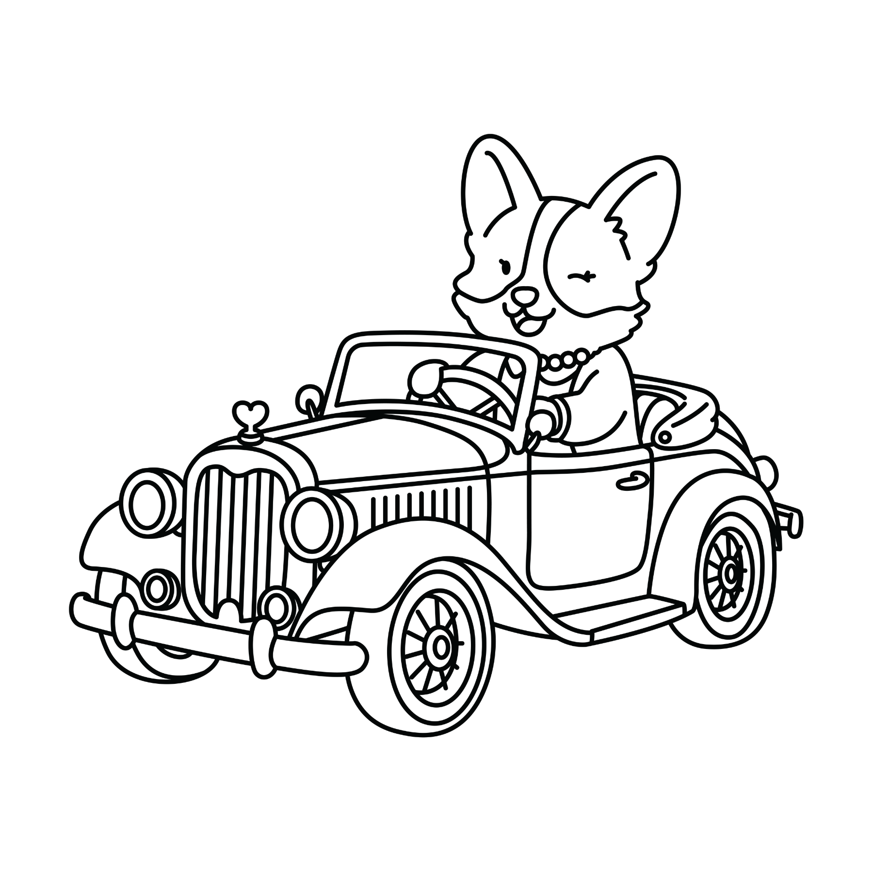 Line art coloring page of a cute corgi dog in a vintage convertible car, wearing a pearl necklace and winking.