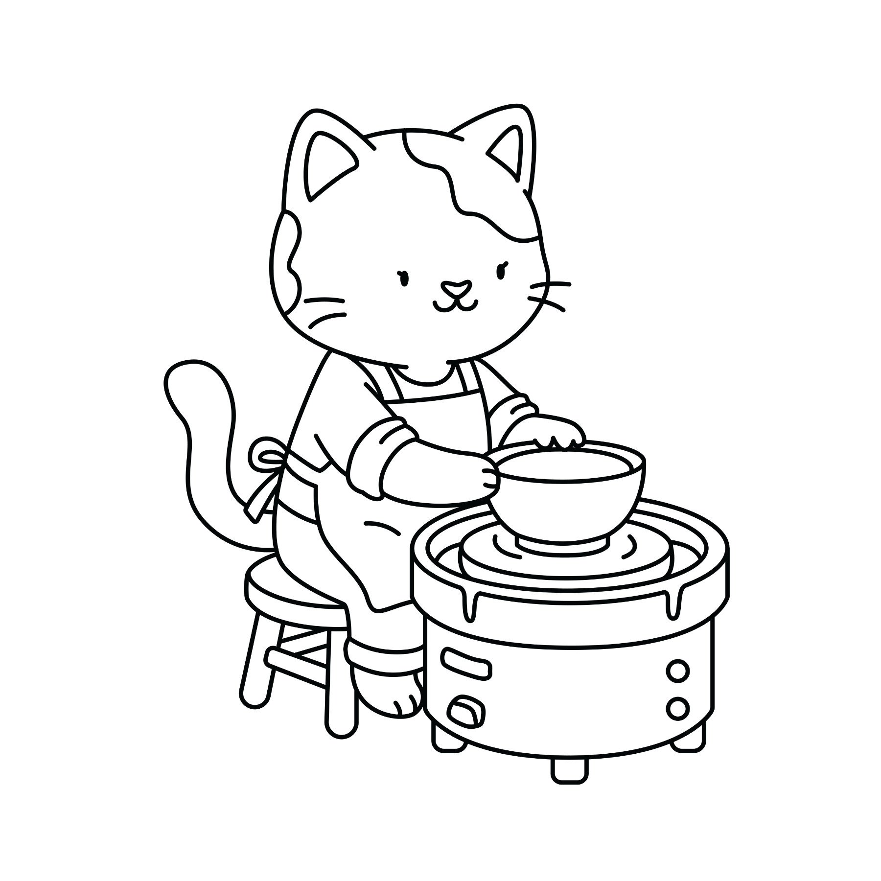 Charming Critters coloring page featuring a cute cat in an apron making pottery on a wheel.