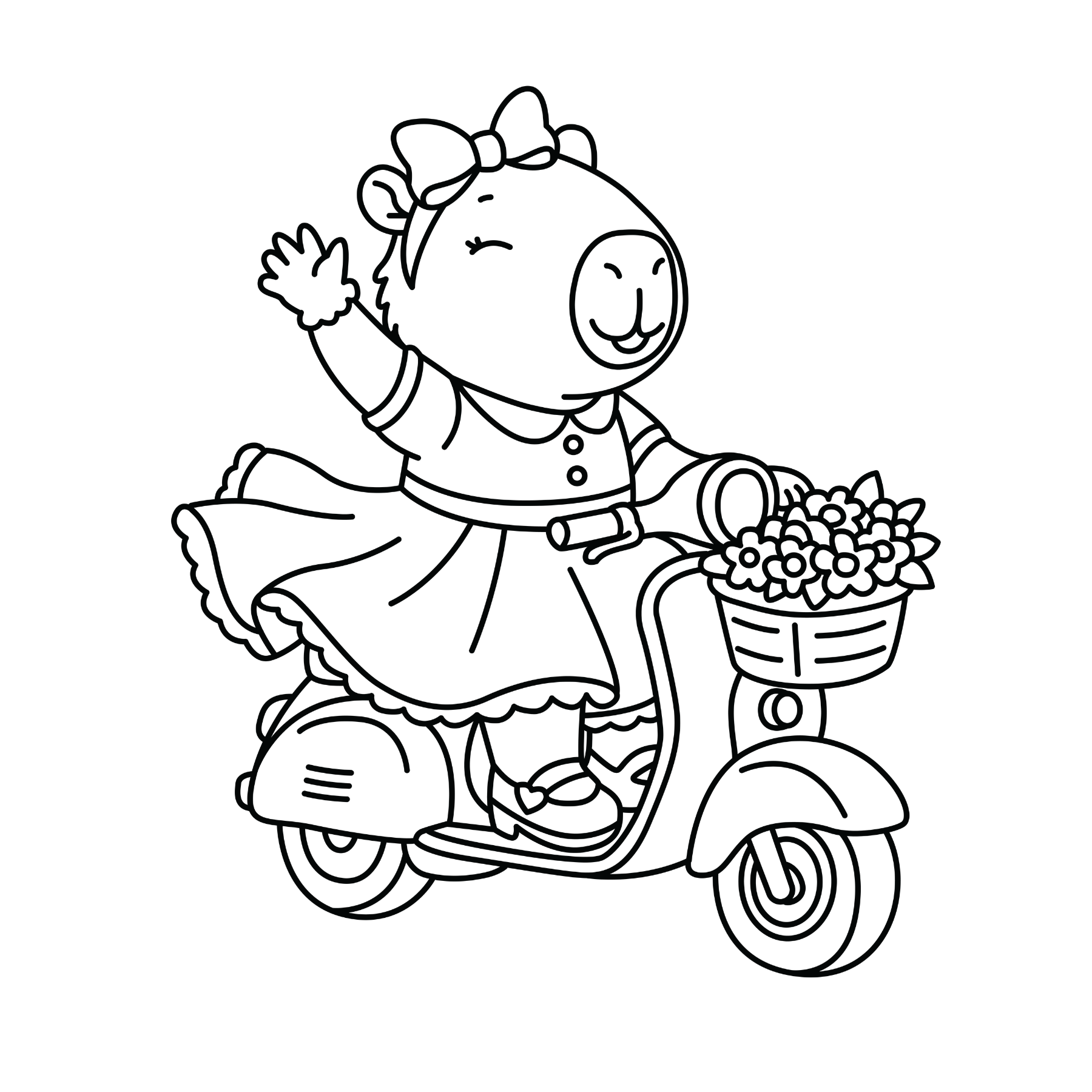 Coloring page featuring a capybara wearing a dress and bow, waving from a scooter with a flower basket.