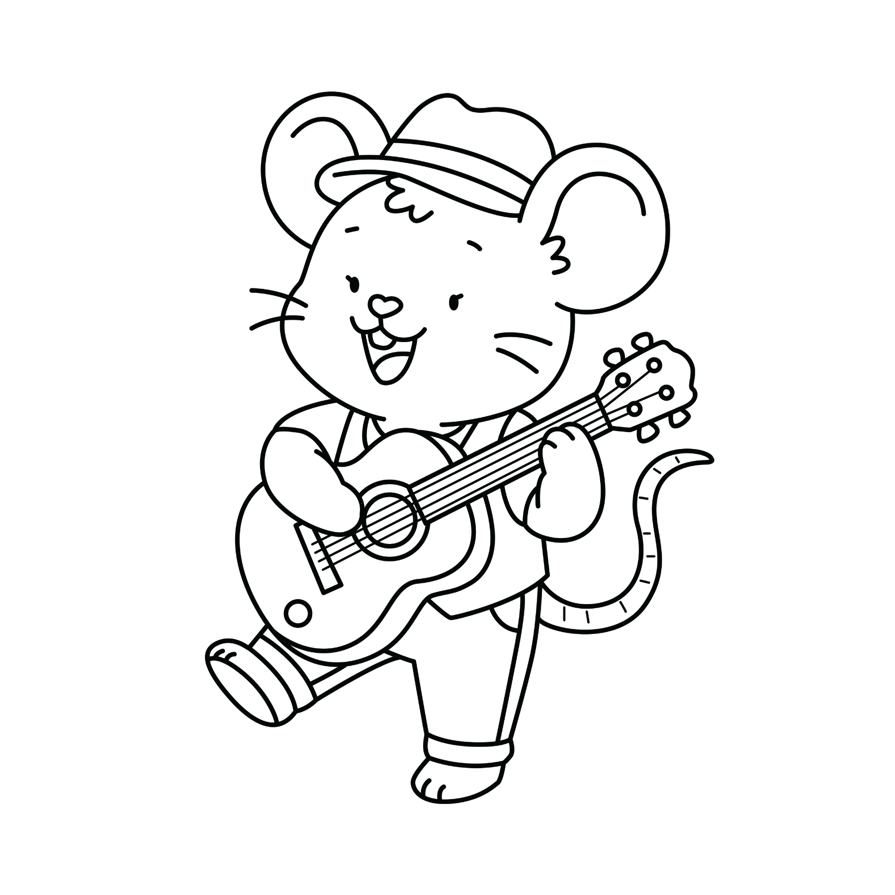Line art coloring page of a cheerful mouse wearing a hat and playing an acoustic guitar, standing with one leg raised.