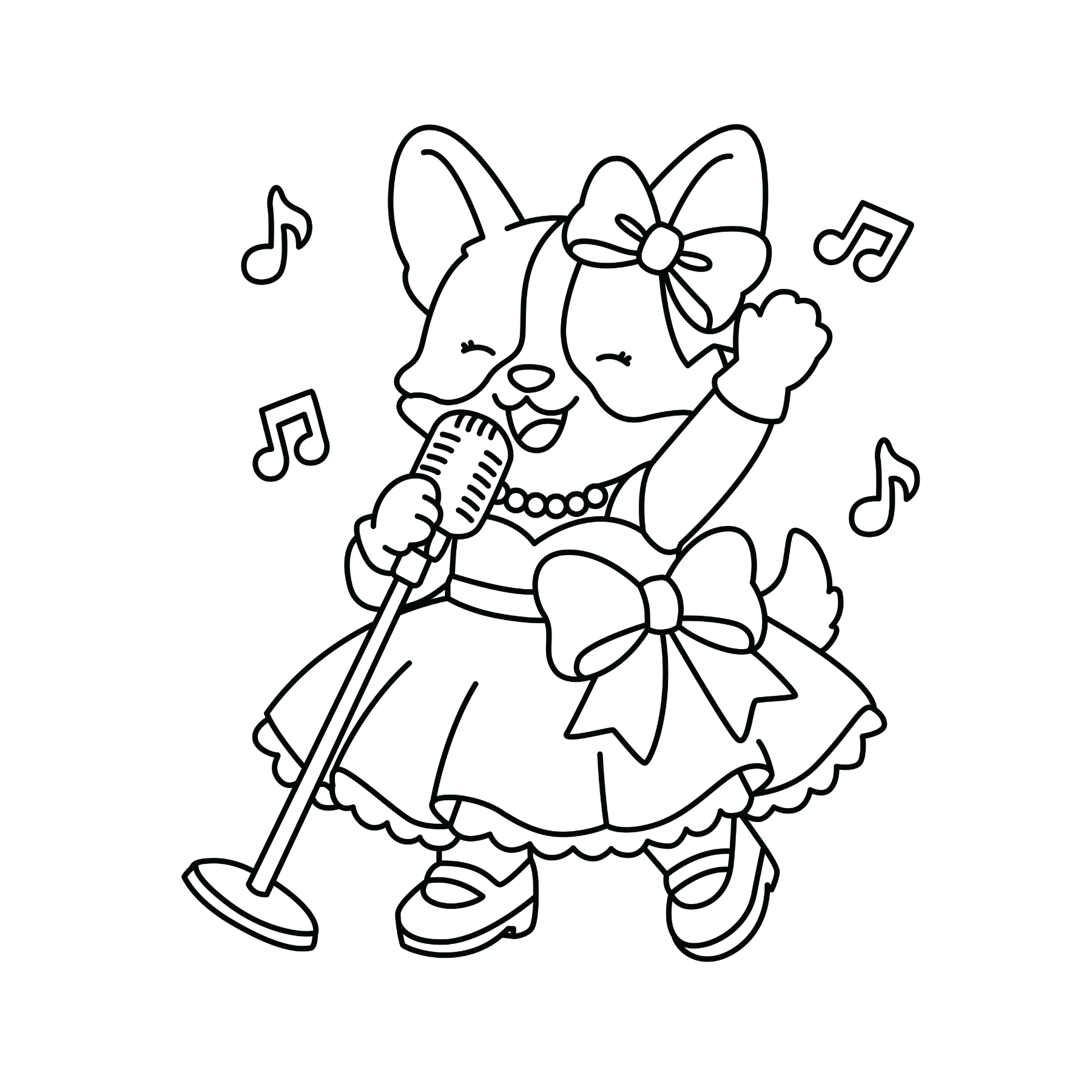 Coloring page: A cute corgi dog in a dress with bows and a pearl necklace sings into a microphone, surrounded by musical note