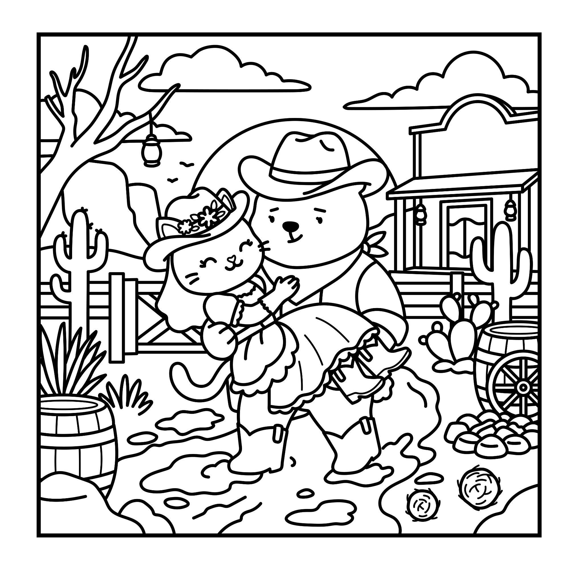 Coloring page of a cowboy bear holding a cowgirl cat in a romantic embrace, set in a Wild West desert with a saloon.