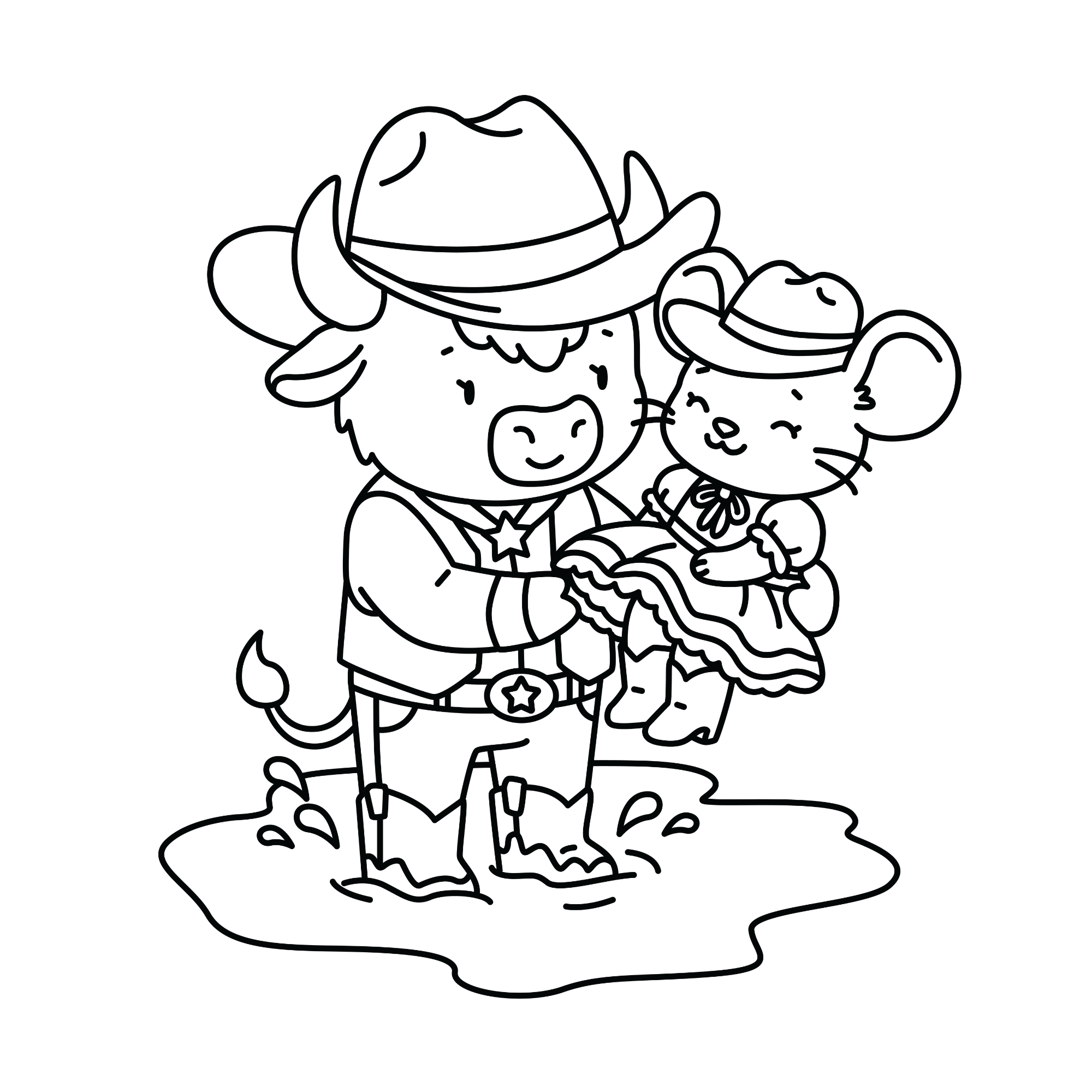 Line art coloring page of a smiling cowboy bull holding a happy cowgirl mouse, helping her cross a puddle.