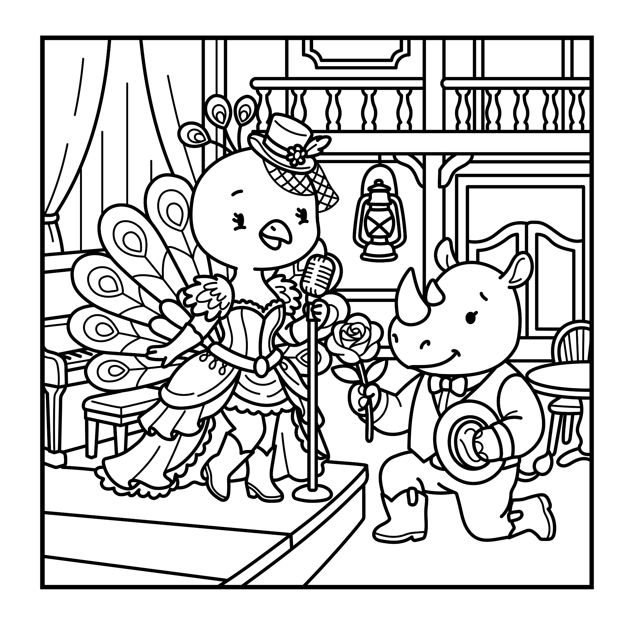 Coloring page: A peacock singer on stage, a rhino kneels with a rose and hat in a Wild West saloon scene.