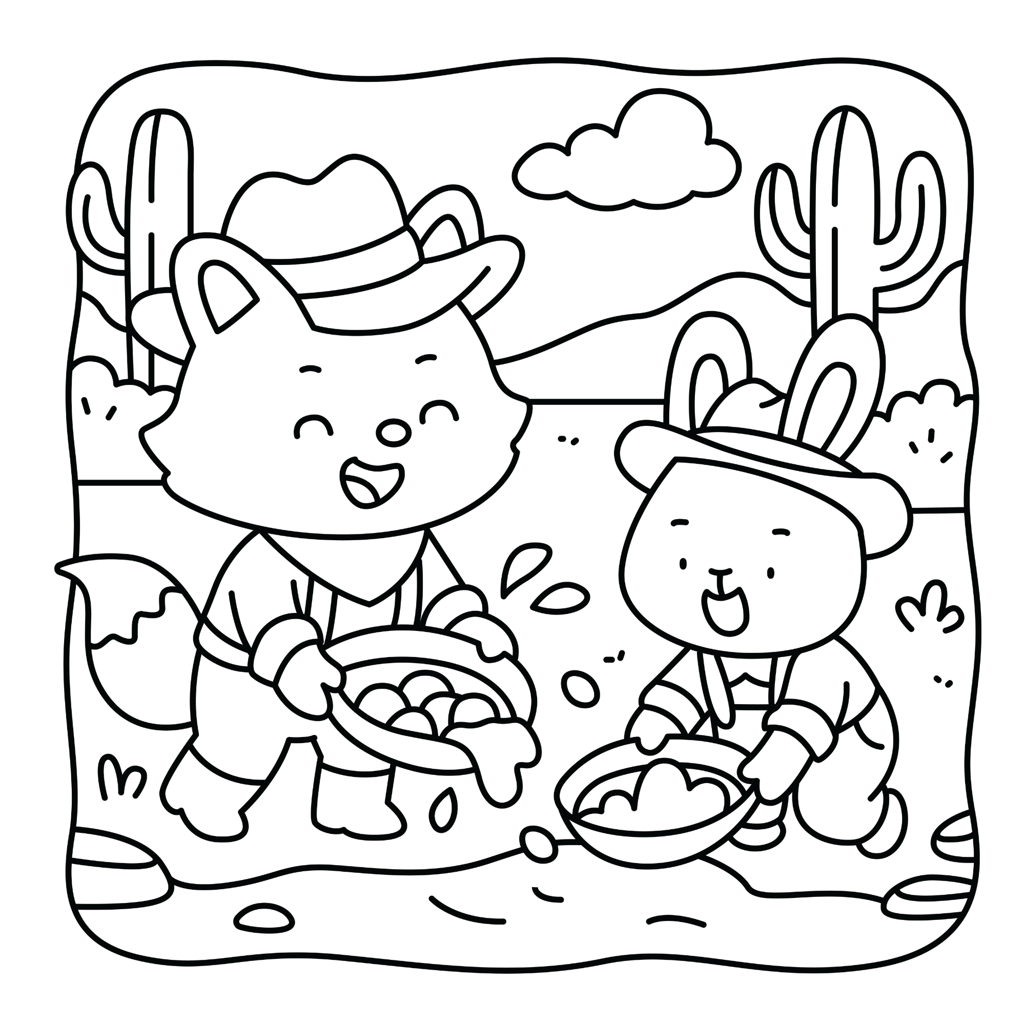 A coloring page features a happy fox and rabbit, dressed as cowboys, panning for gold in a desert stream with cacti.