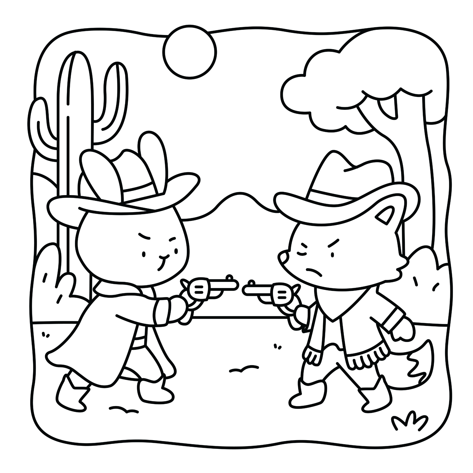 Coloring page of a rabbit cowboy and a fox cowboy in a pistol duel in a desert landscape with a cactus and tree.