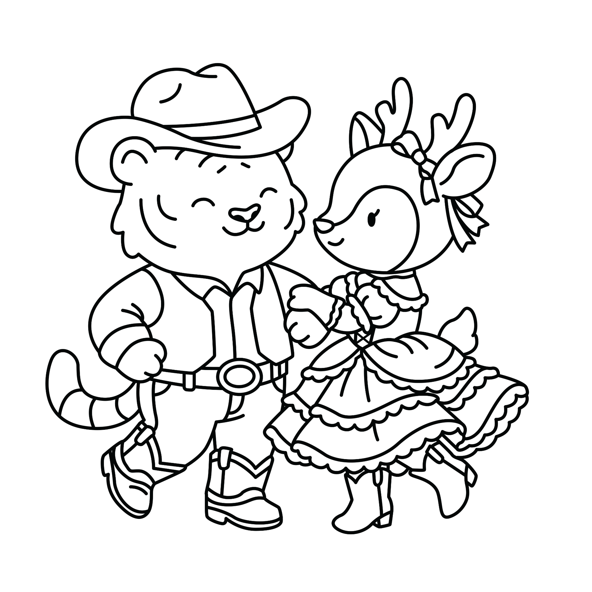 Line art coloring page of a smiling tiger cowboy and a deer cowgirl with a bow in her antlers, dancing.