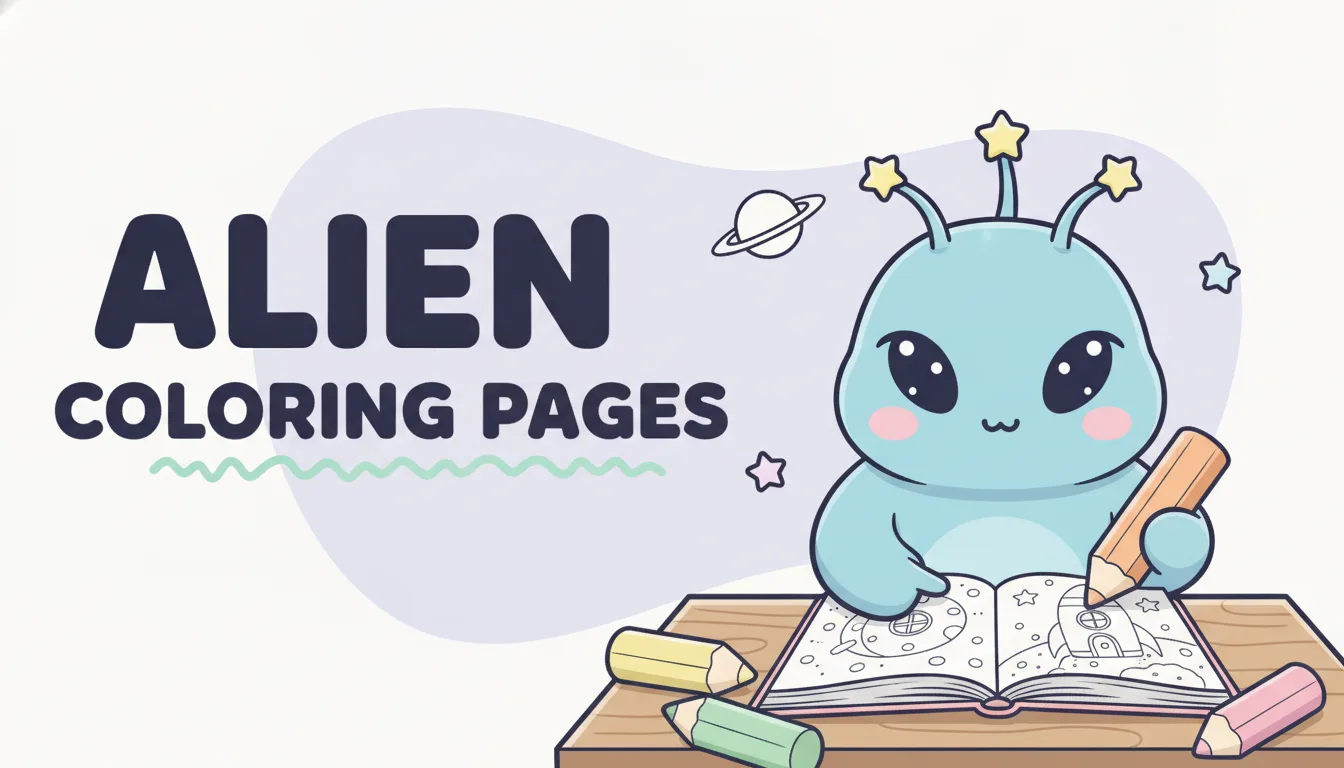 Free cute alien coloring pages for kids and adults - friendly little aliens, UFO flying saucer, alien pets, and kawaii space creature printable collection