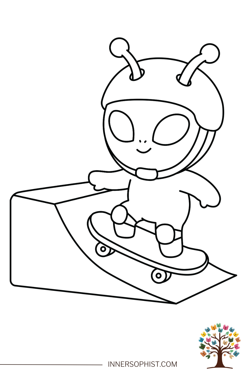 A cute alien wearing a helmet and knee pads, skateboarding down a ramp, free printable coloring page for kids.