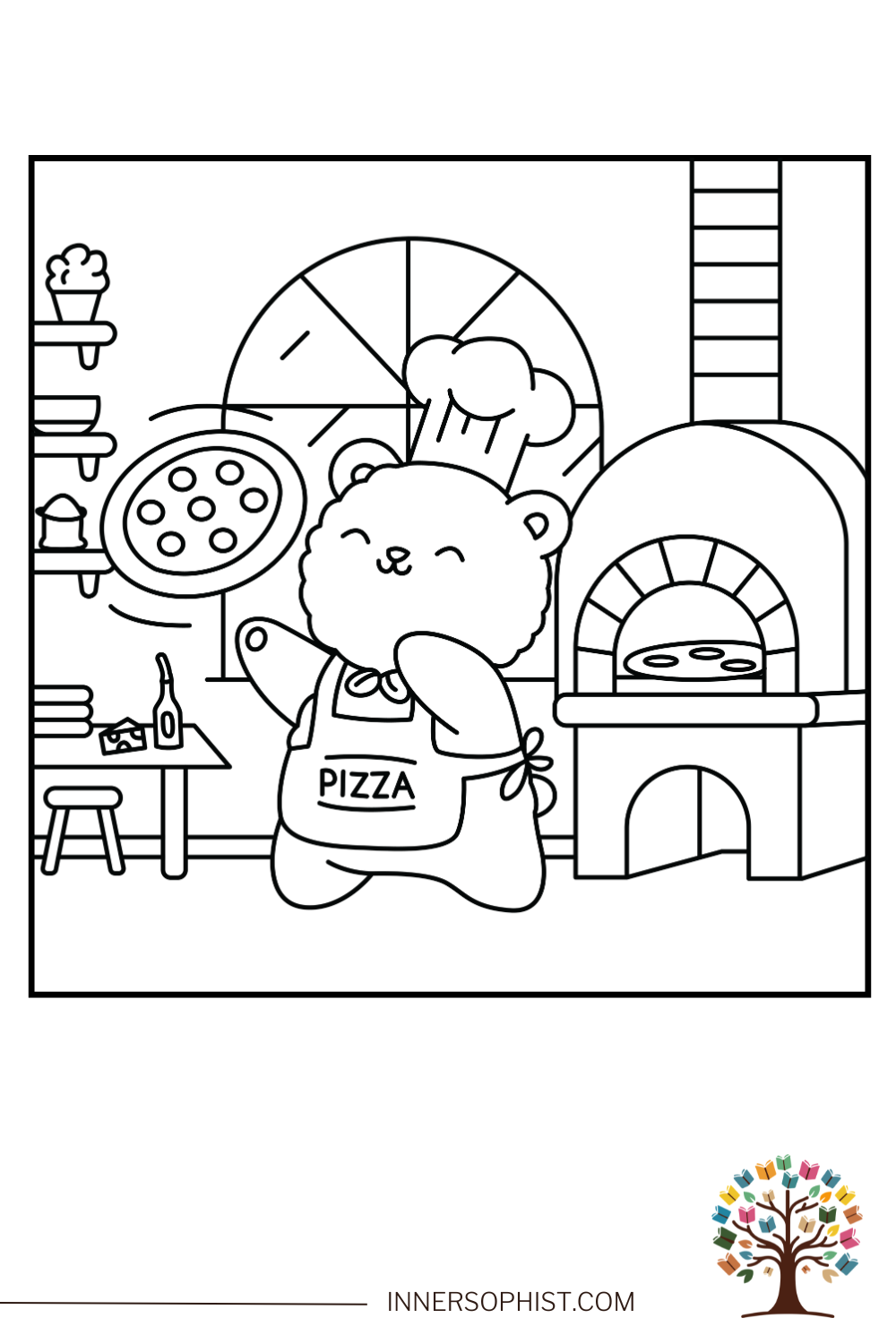 Cute cartoon bear chef wearing a hat and apron, holding a pizza, next to a brick oven - free printable coloring page for kids