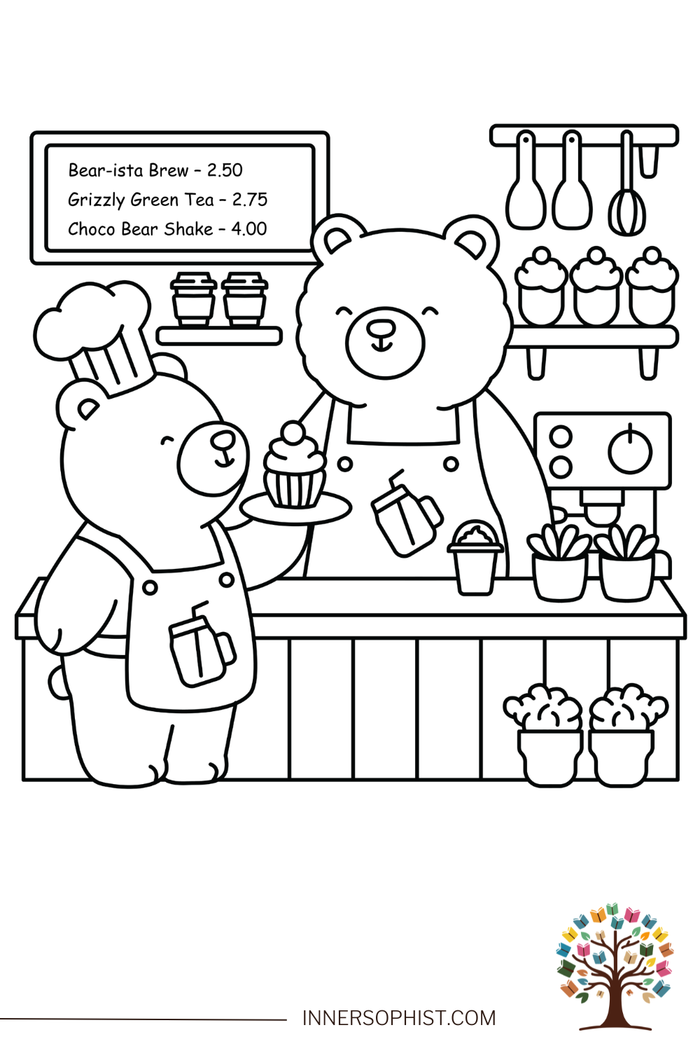 A cute bear chef holding a cupcake and a bear barista behind a counter in a coffee shop, free printable coloring page for kid