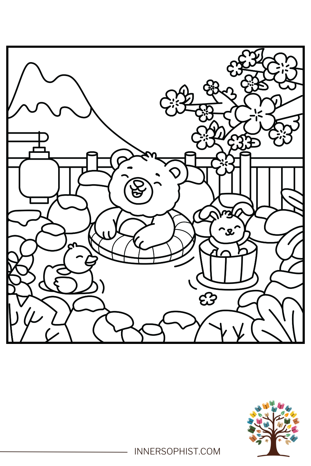 A happy bear in an inner tube in a hot spring with a bunny, rubber duck, cherry blossoms, and a mountain; free printable colo