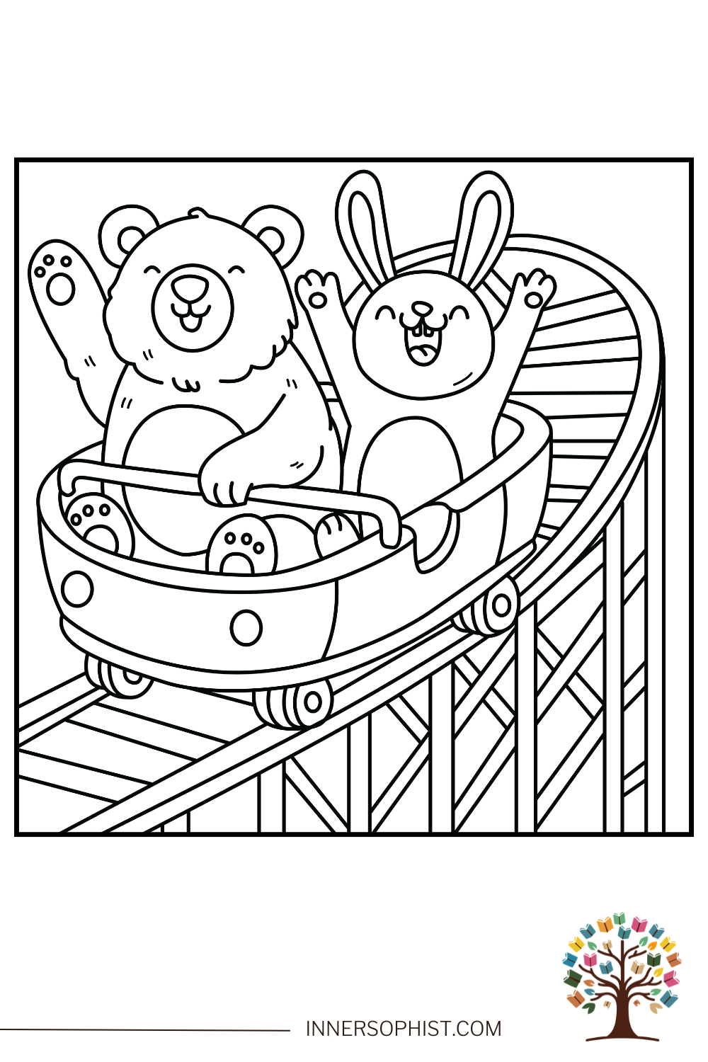 A cute cartoon bear and a happy rabbit riding a roller coaster with their arms raised, free printable coloring page for kids.