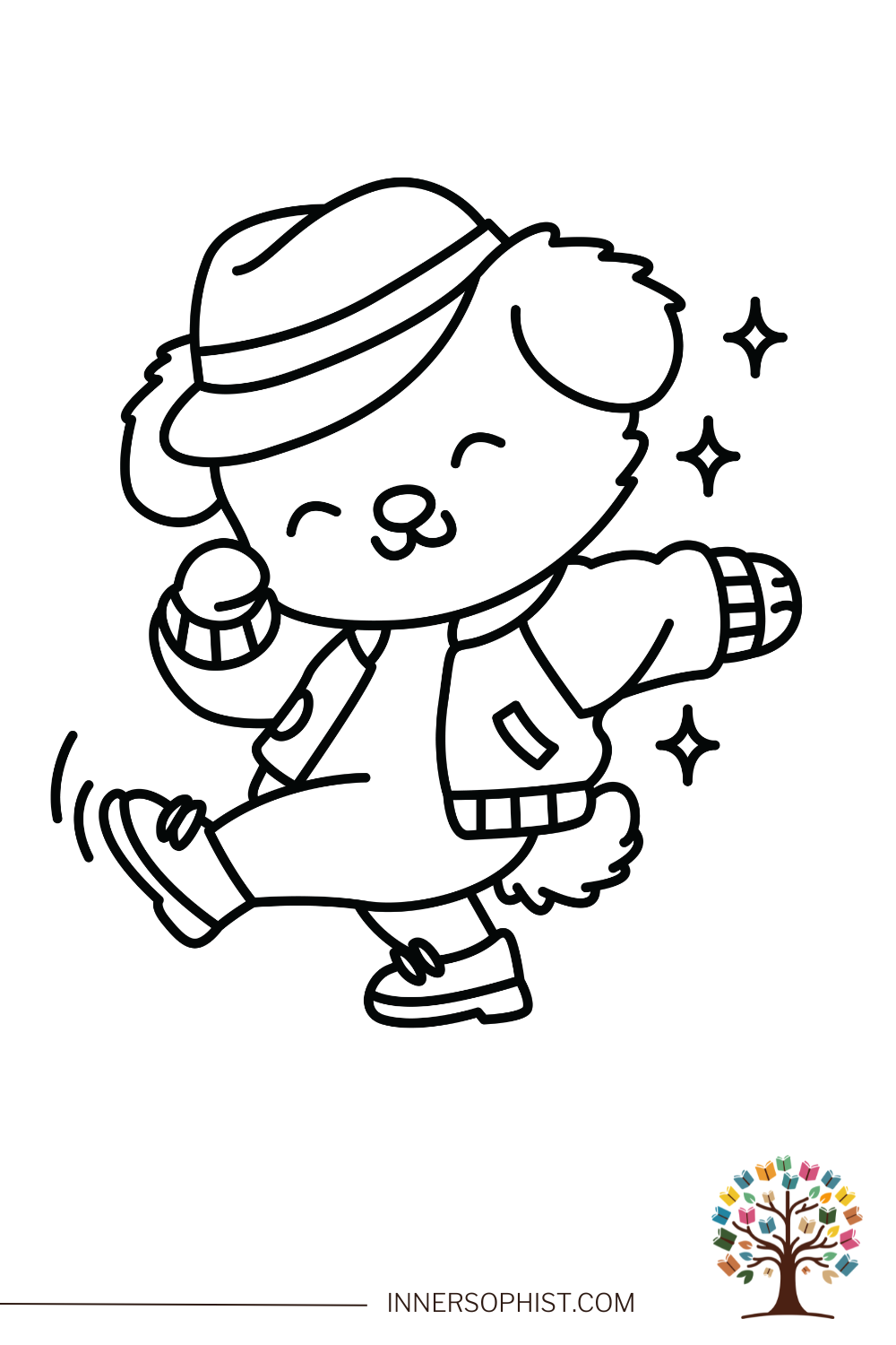 A cute cartoon bear wearing a fedora hat and jacket, dancing happily with sparkles, free printable coloring page for kids.