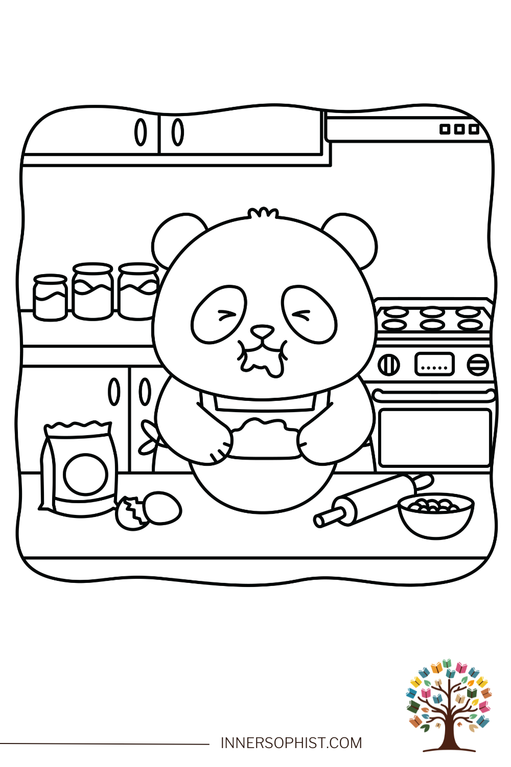 A cute panda bear wearing an apron, baking in a kitchen with flour, eggs, and a rolling pin, free printable coloring page for