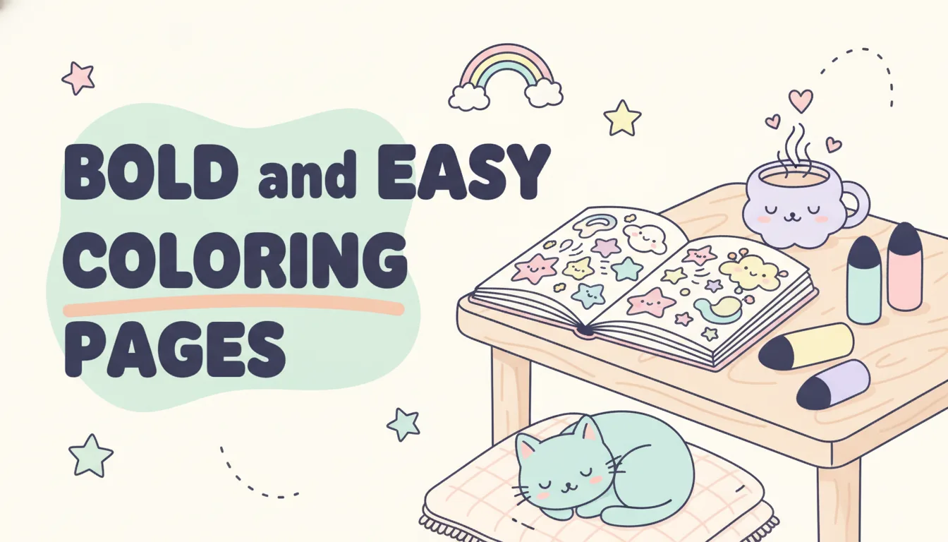 Free bold and easy coloring pages - thick bold outlines and large simple shapes, printable low-stress collection for adults, seniors, and kids