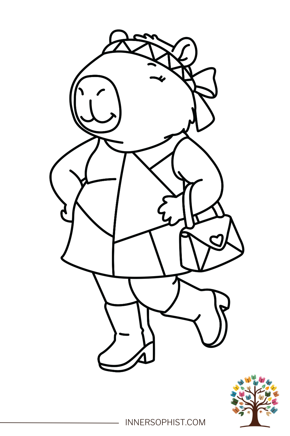 A cartoon capybara wearing a dress, boots, headband, and carrying a heart-shaped purse - free printable coloring page for kid