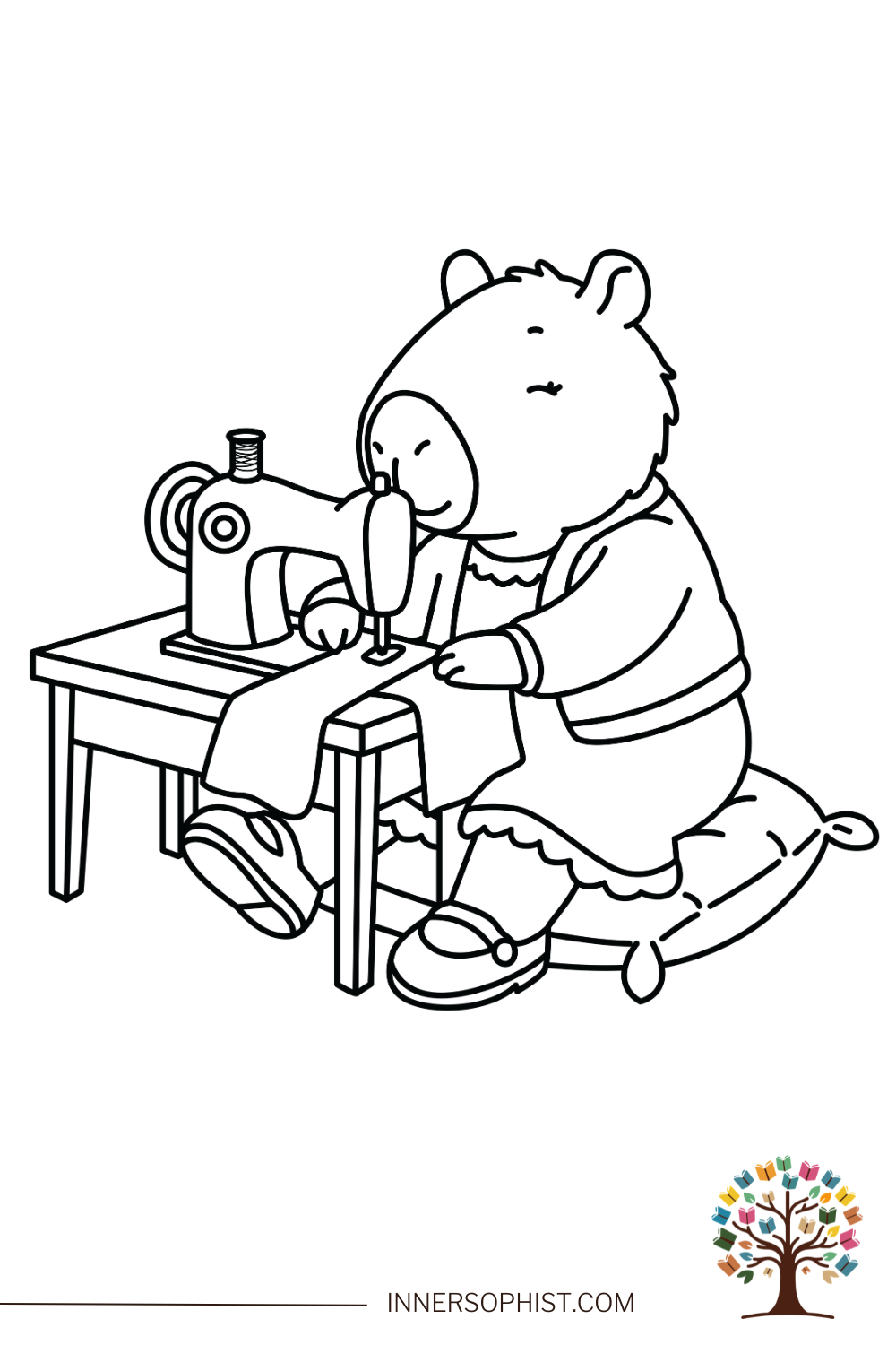 A capybara operating a sewing machine at a table, sewing fabric, free printable coloring page for kids.