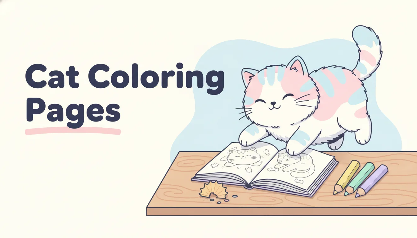 Free cat coloring pages for kids and adults - cute cartoon kittens, realistic cats, chonky cats, and mandala cat printable collection