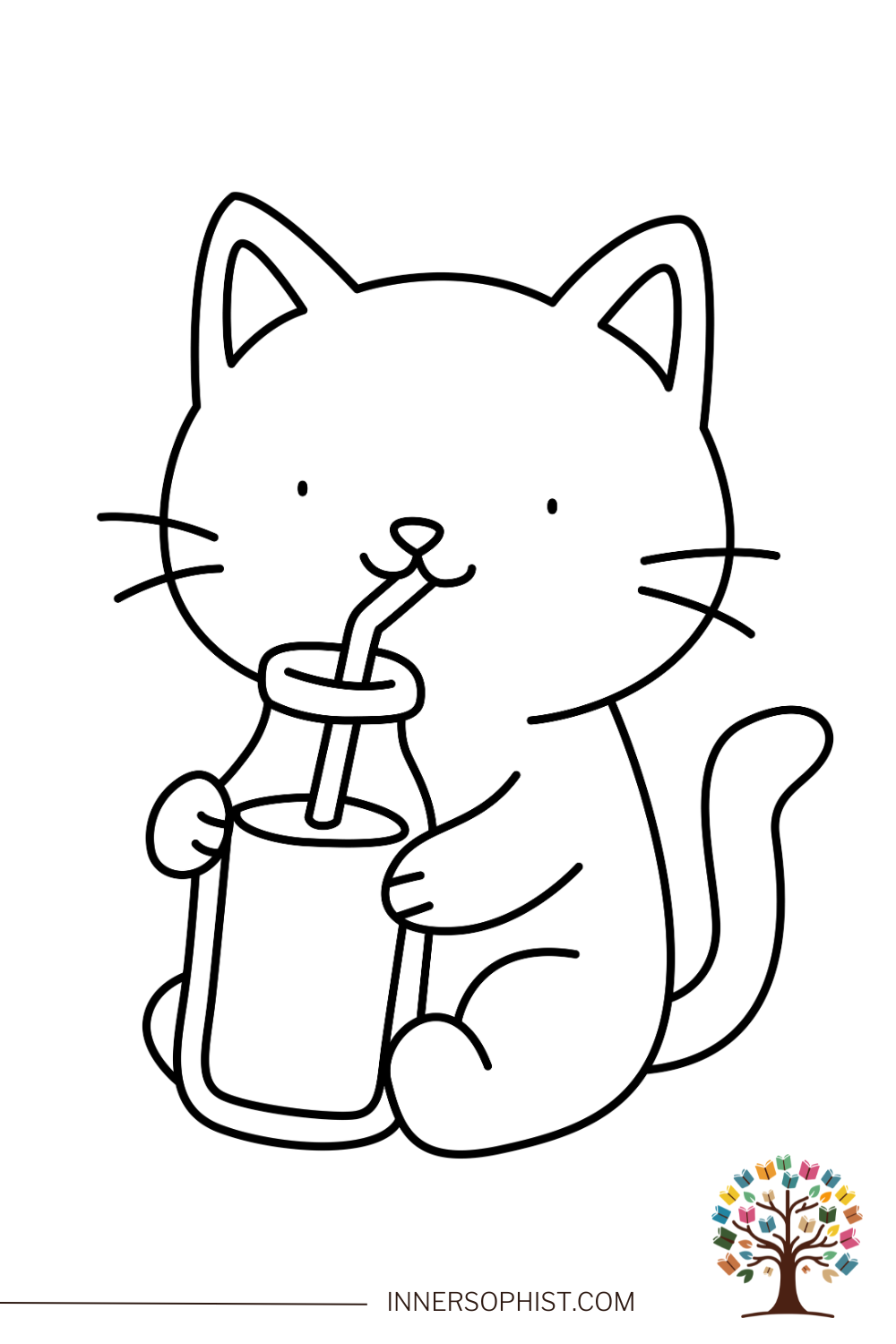 A cute cartoon cat sitting and drinking from a bottle with a straw - free printable coloring page for kids.