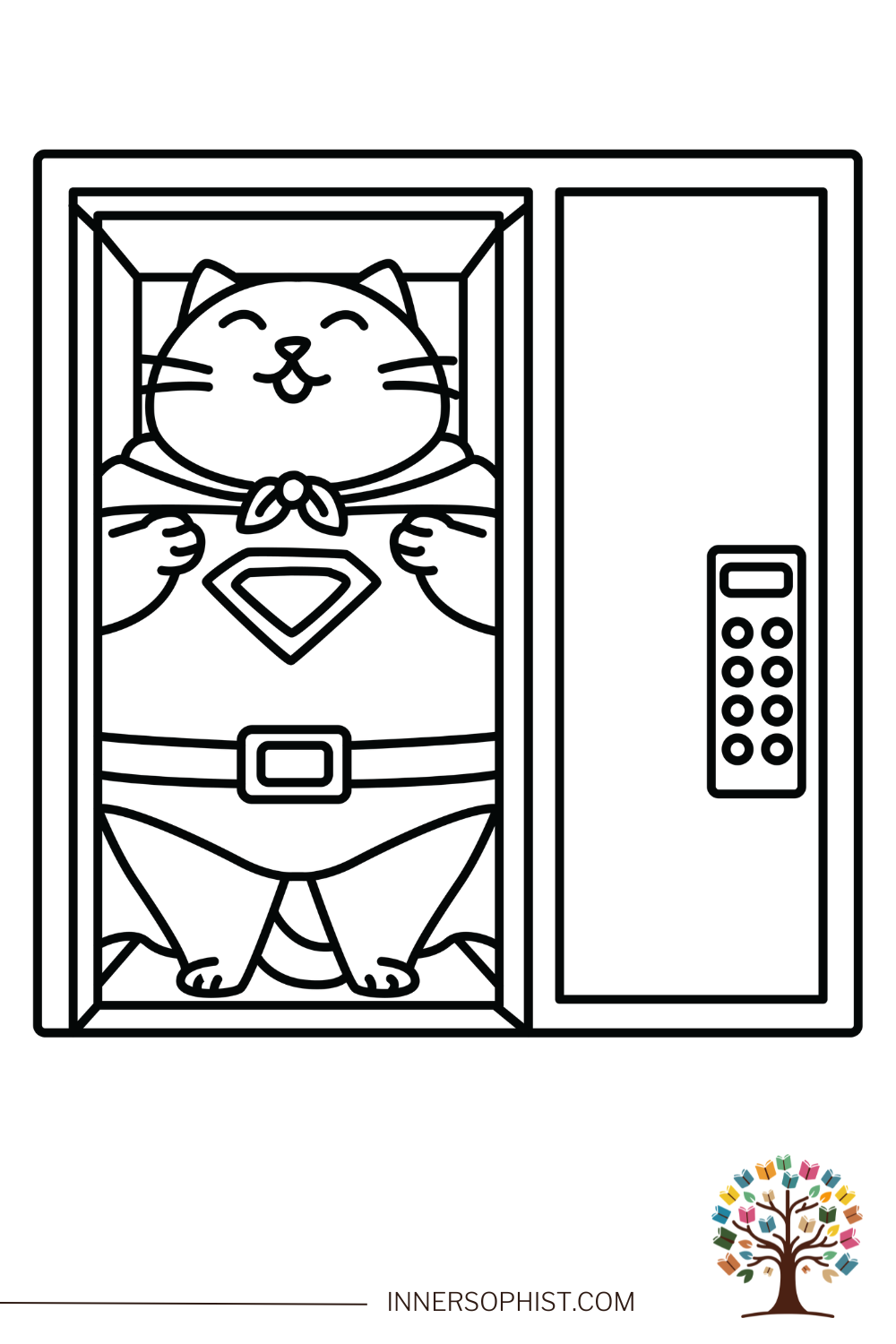 Cartoon superhero cat smiling in an elevator, wearing a cape and emblem - free printable coloring page for kids