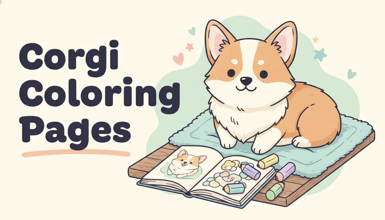 Free corgi coloring pages for kids and adults - cute cartoon corgi, fluffy corgi puppy, and realistic Pembroke corgi printable collection