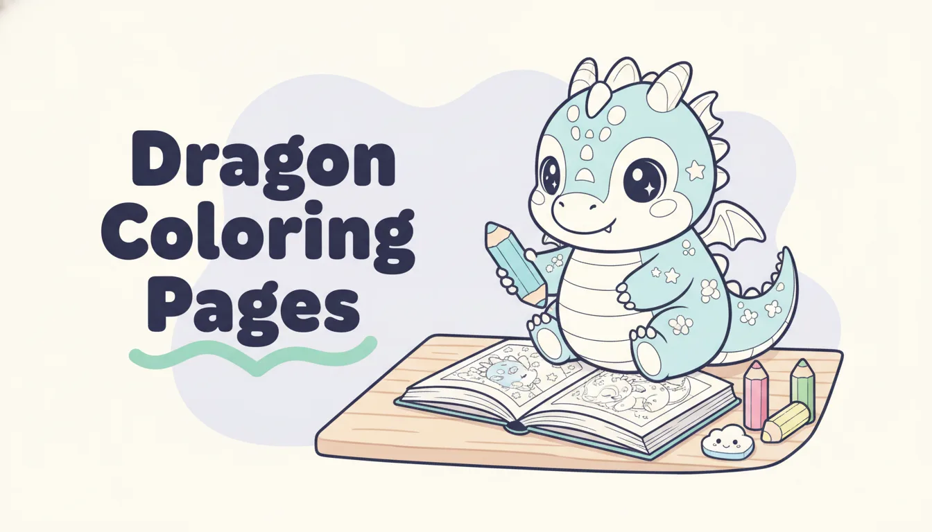 Free cute dragon coloring pages for kids and adults - friendly baby dragon, chubby kawaii dragon, and Chinese dragon printable collection