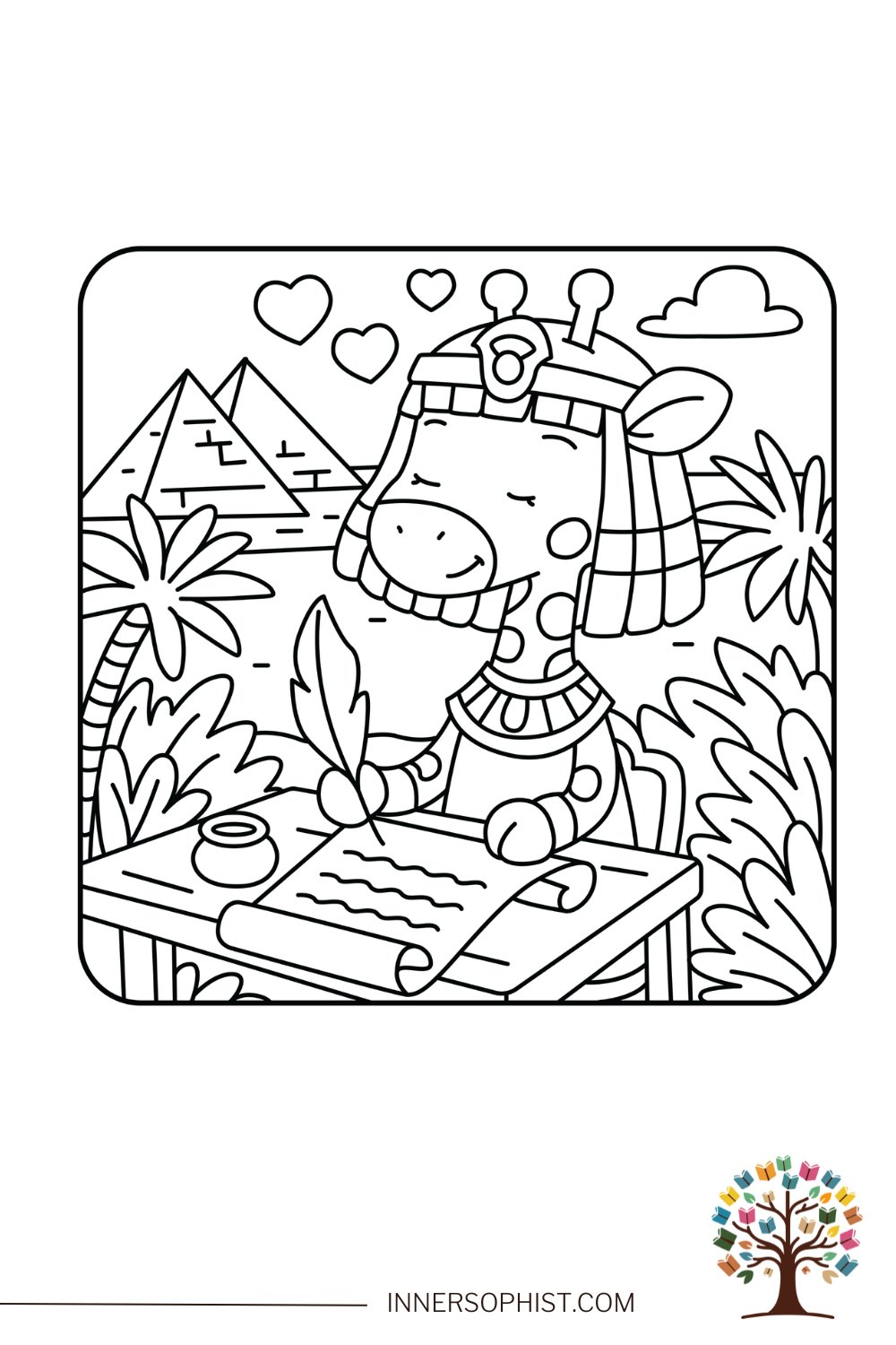 Cute giraffe dressed as an Egyptian scribe writing with a quill, pyramids and palm trees in background - free printable color